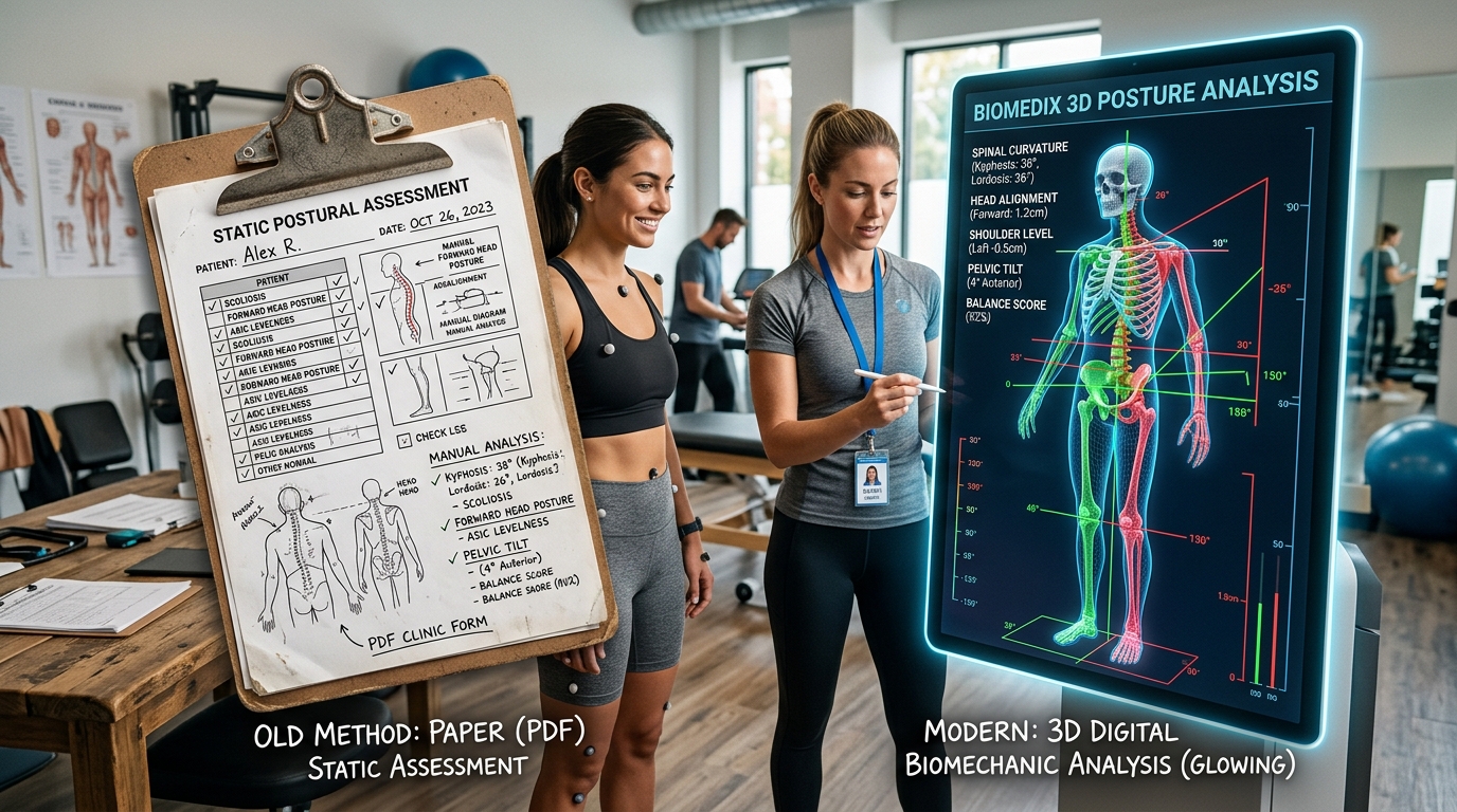 Digital posture analysis software screen compared against an outdated static postural assessment pdf form.