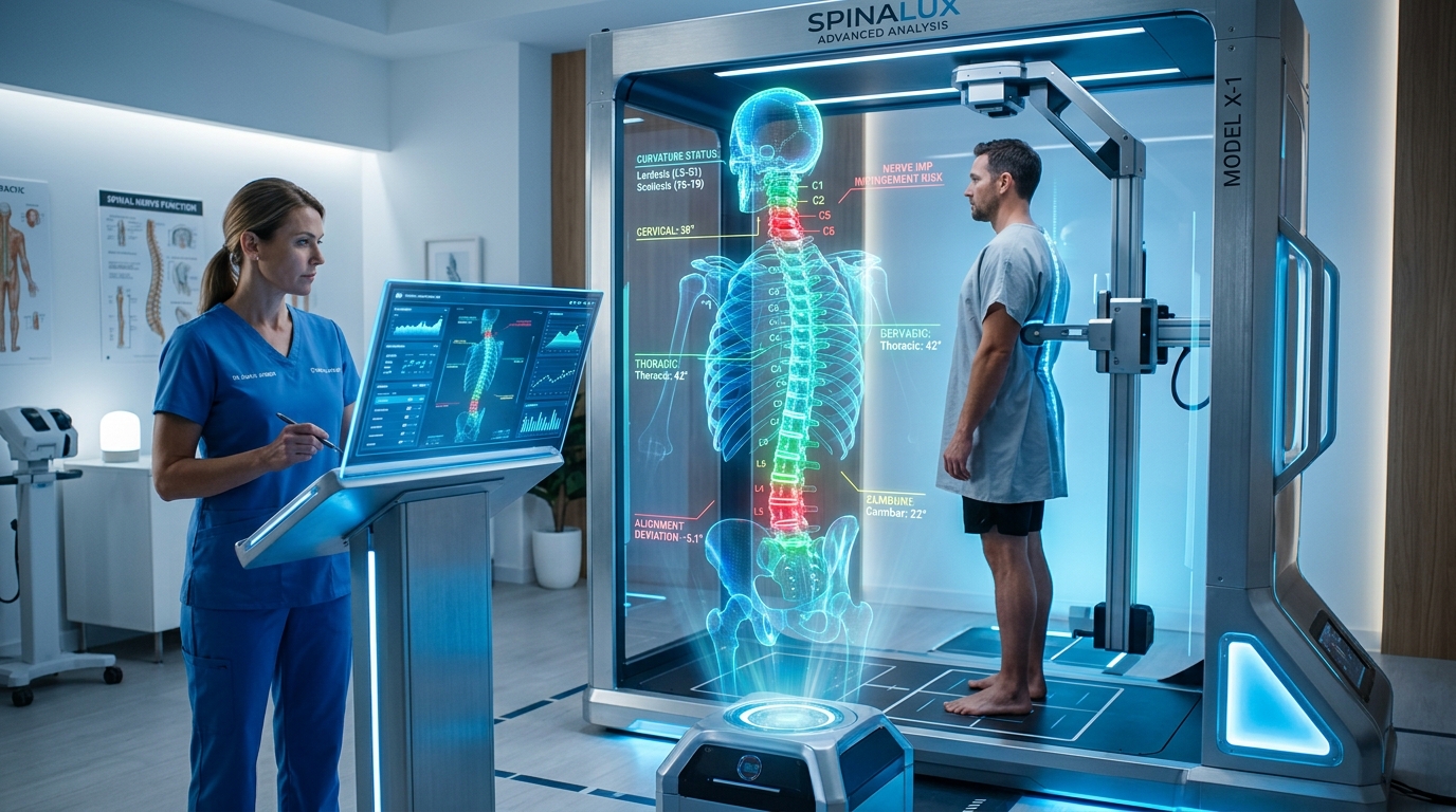 Digital spine analysis machine performing chiropractic posture analysis and AI kyphosis detection in a modern clinic.