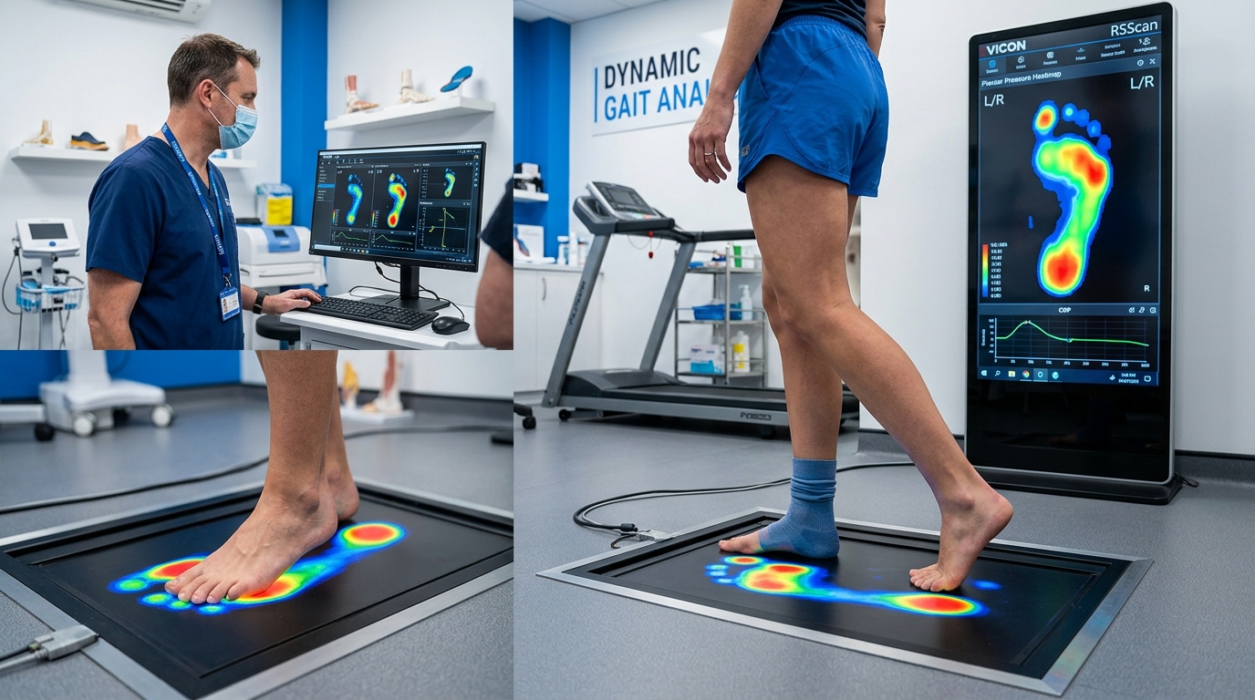 A foot pressure analysis machine clinic setup showing a dynamic plantar pressure sensor insole gait map.