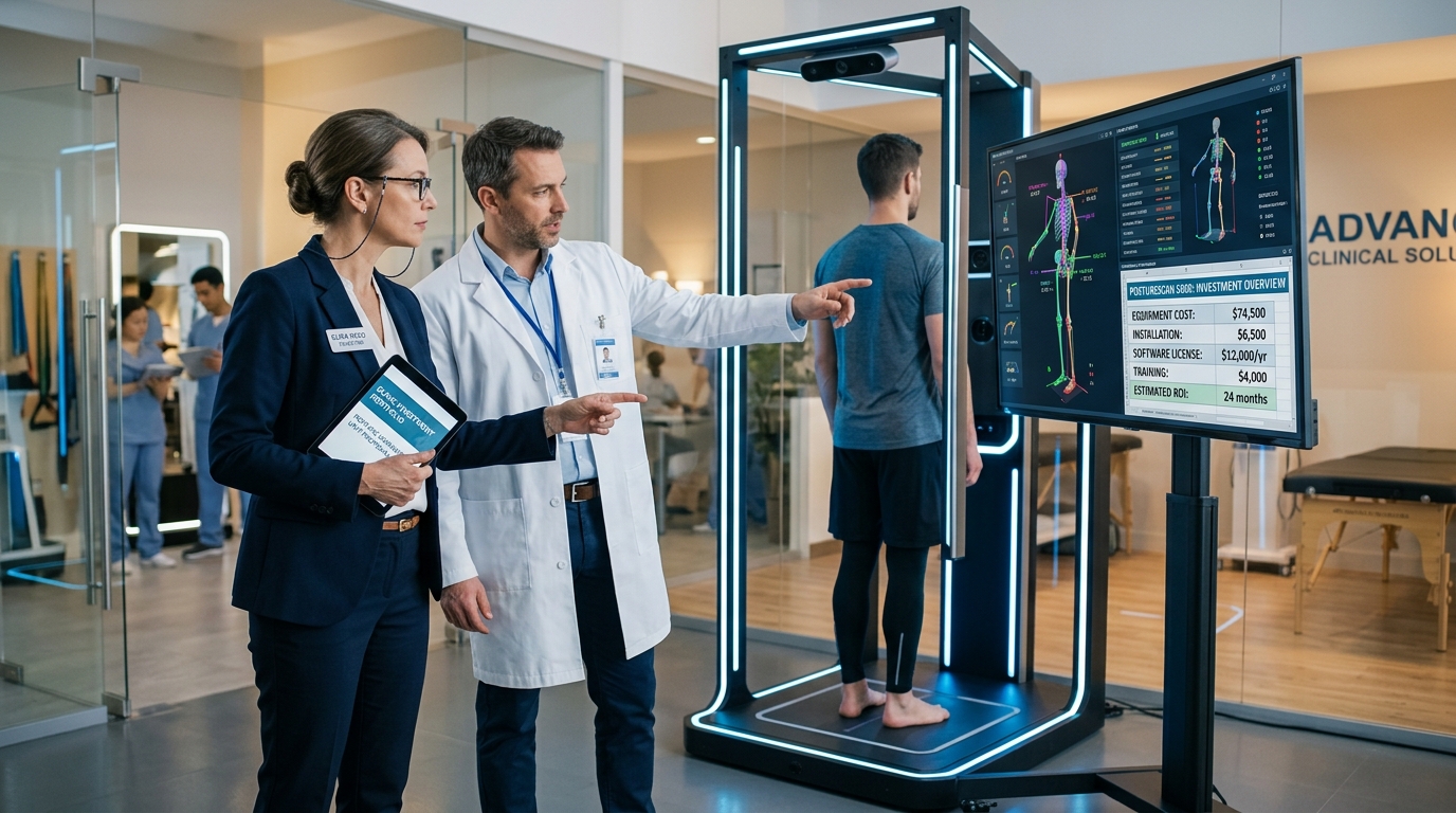 Physiotherapists evaluating the posture analysis equipment price for a medical-grade dynamic postural assessment platform.