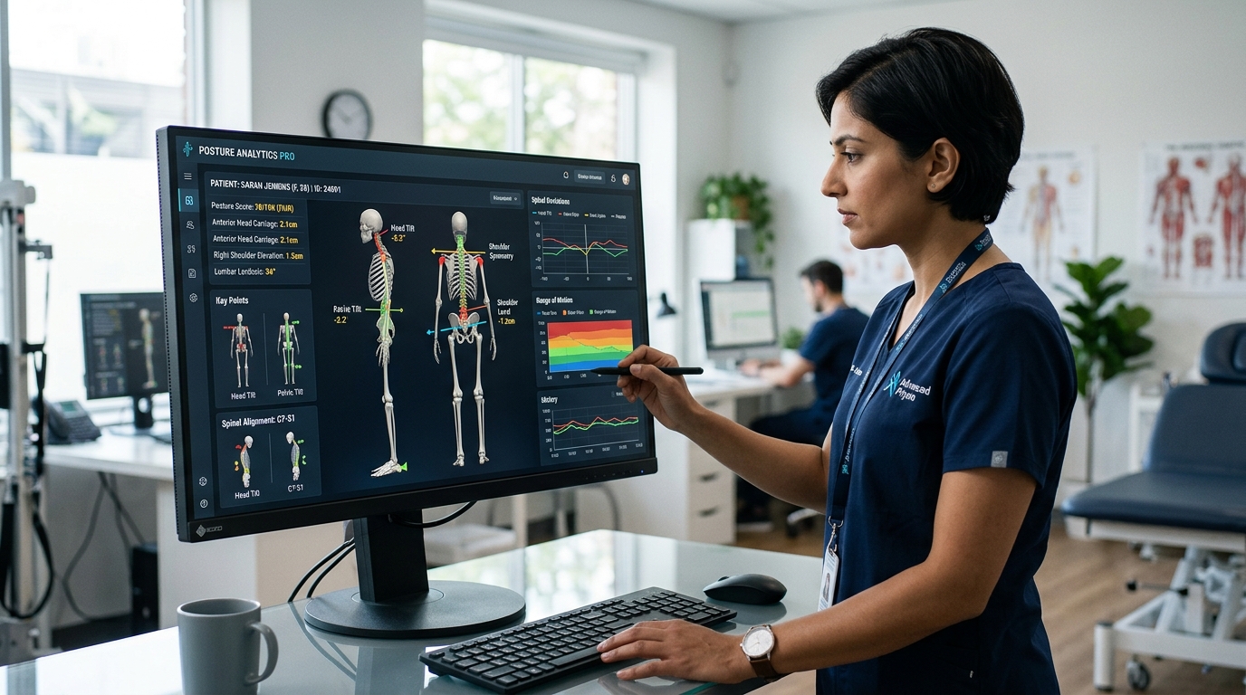Physiotherapist using the top posture analysis software for clinics, demonstrating advanced posture screening algorithms.